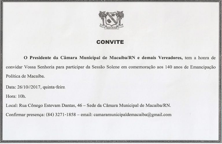 Leia mais sobre o artigo Convite: Nesta Quinta-feira (26),Haverá sessão solene na Câmara Municipal de Macaíba, As 10h.