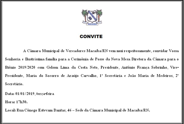 Read more about the article Convite: Cerimônia de Posse da Nova Mesa Diretora da Câmara para o Biênio 2019/2020